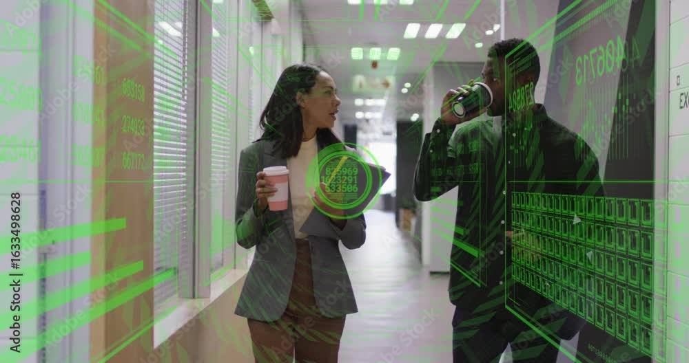 Poster tech team walking corridor while woman gesturing on tablet and activating hologram data review