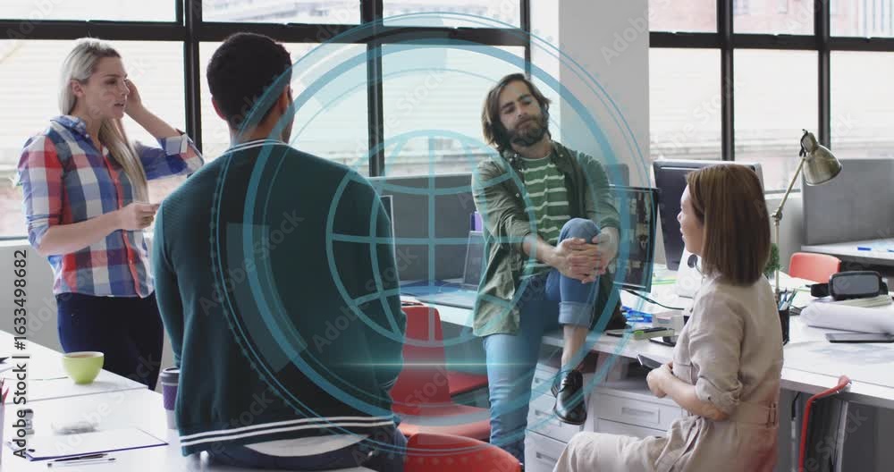 Poster Four colleagues discussing cyber security in office as text fading and scanning graphics expanding
