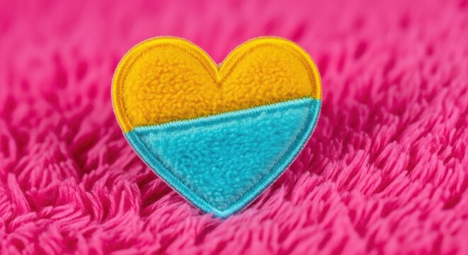 A heart in the colors of the ukrainian flag rests on a pink textured background symbolizing love and support
