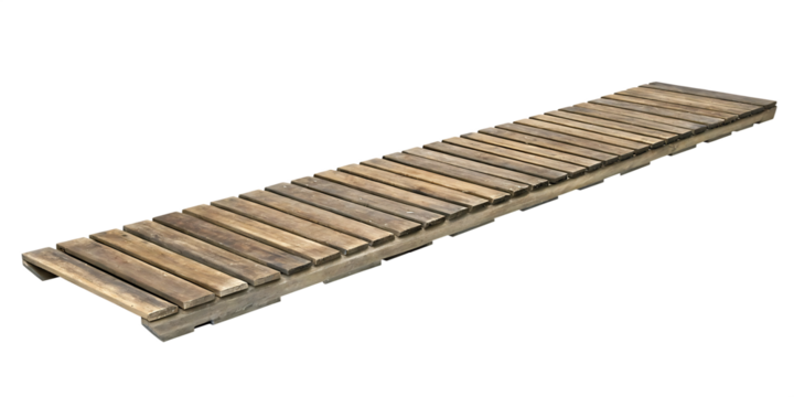 Weathered wooden walkway extending over dark expanse isolated on a transparent background