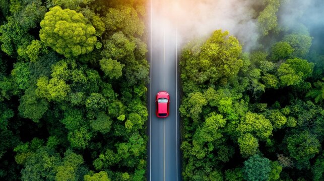 Aerial Serenity: A vibrant red car gracefully navigates a winding road, embraced by a canopy of lush green trees under a sky. Capturing the tranquility of the journey and the beauty of nature.