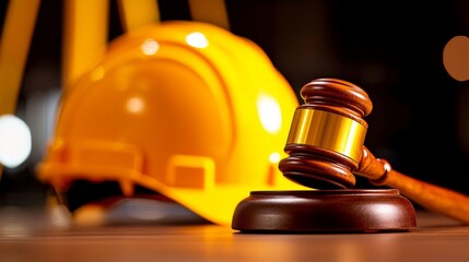 Construction Justice: A visual exploration of the intersection between law and the building trade, featuring a hard hat and a gavel resting side-by-side, embodying fairness, integrity.