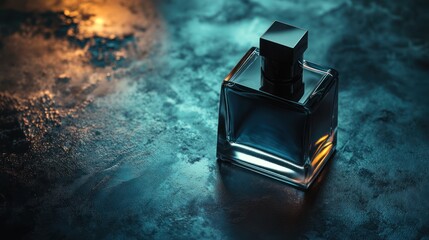Dark, moody perfume bottle on textured surface
