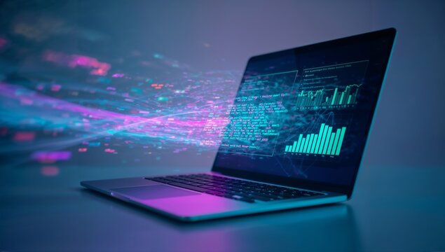 Code flowing out of a laptop