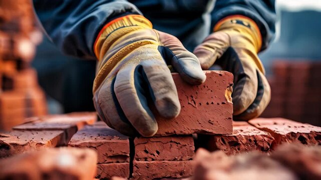 video of close-up view of an industrial bricklayer laying bricks at a construction site