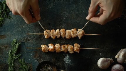 Two rows of cooked chicken skewers on a dark metal surface.  Hands are using metal skewers to arrange chicken pieces. Fresh herbs and garlic are nearby