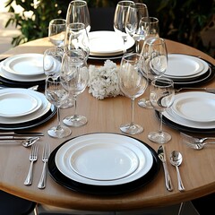 Fototapeta premium Elegant Dinner Party Photography: Dining Table Set for Dinner Party with Wine Glasses