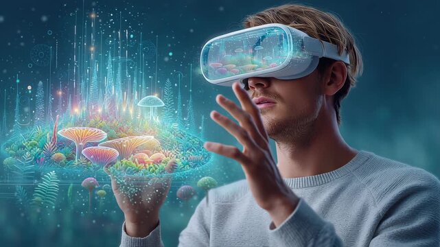 Interactive Virtual Reality Art Explore Futuristic Digital Landscapes and Forests with VR Goggles Featuring Vibrant Mushrooms and Plants