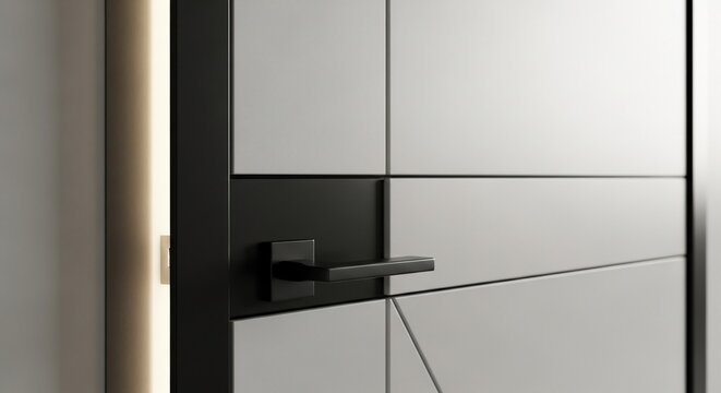 Modern interior door with geometric tile inlay and sleek black handle.
