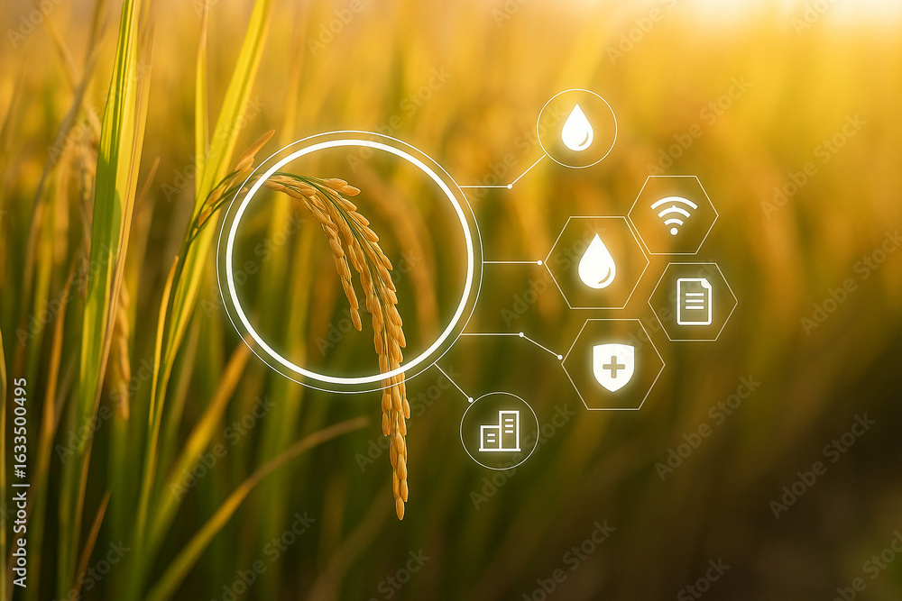 Poster ai generated closeup of golden rice field with floating holographic ui icons representing smart farm