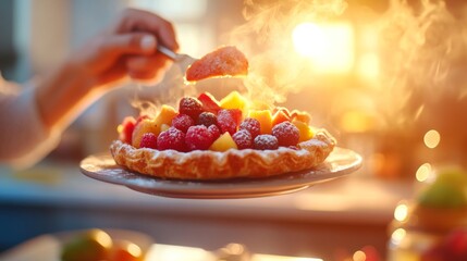 Gourmet Fruit Tart: The artful preparation of a fruit tart, with a chef's hand delicately applying the finishing touches, captures the essence of culinary excellence in vibrant detail.