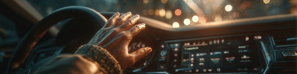 Modern Premium Car Interior with Digital Dashboard and Hand on Steering Wheel Professional Automotive Lifestyle for Marketing and Social Media Campaigns