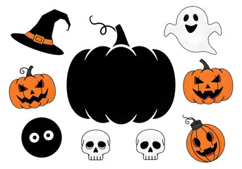 Collection of halloween symbols including pumpkins, ghost, skull, and witch hat isolated on transparent background