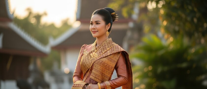 Laotian Woman Wearing Traditional Dress and Textile Hand Covering in Natural Light Full-Body Portrait