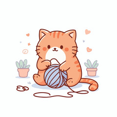 Cute orange cat playing with yarn