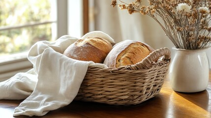 Fresh loaves of bread in a woven basket, draped with a cloth, by a window