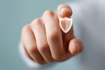 Modern Professional Hand Interacting with Transparent Security Shield Icon Premium Cybersecurity Concept for Tech and Business Marketing Content