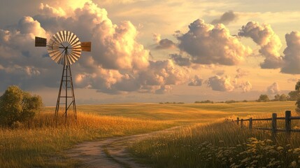 Golden Hour Meadow with Windmill