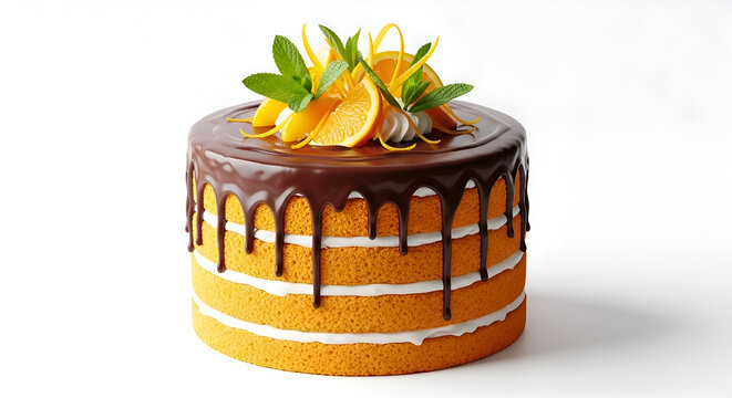 Orange cake with chocolate drizzle and orange slices.