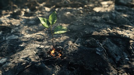 A small green sprout emerges from blackened earth, illuminated by sunlight, with embers still glowing in the foreground