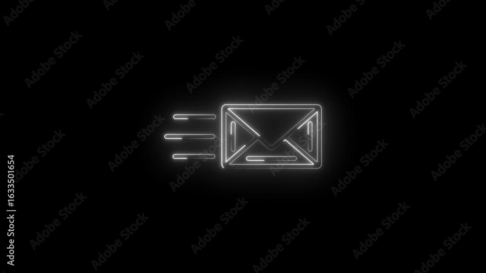 Aufkleber glowing neon envelope icon with speed lines on black background representing fast message delivery d