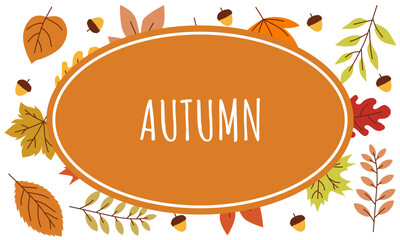 Aesthetic autumn background with oval orange frame and colorful fall leaves
