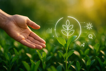 AI generated human hand reaching to healthy green plant with glowing futuristic UI icons representing smart farming and real time iot data in natural clean environment
