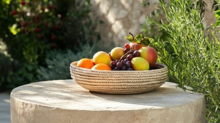 Woven fruit bowl on a stone table outdoors.  Fresh produce in a light beige basket.  Natural light and garden backdrop