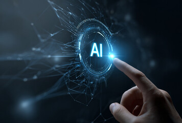 Finger touching glowing ai symbol with digital network connections
