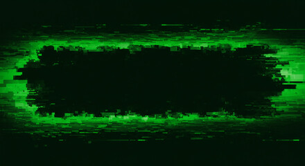 Fototapeta premium Futuristic green glitch effect frame with digital noise texture, an abstract technology overlay for modern design projects.