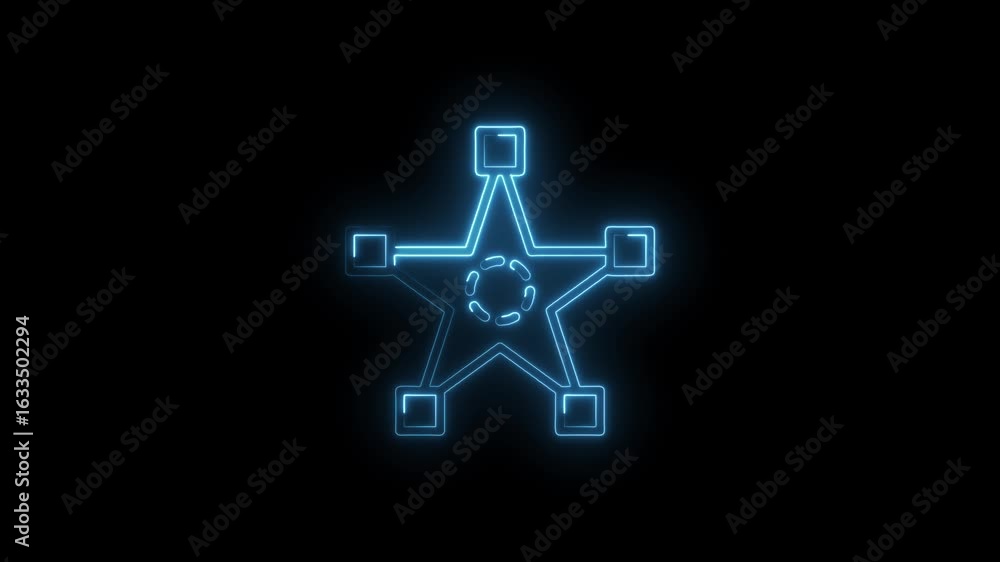 Poster glowing blue neon star icon with connected squares and circular elements on a black background repre
