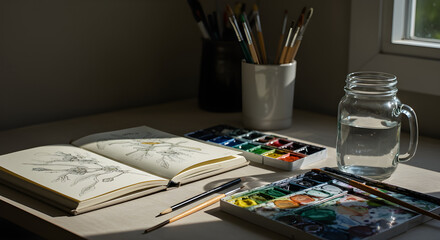 Artistic watercolor supplies on a desk, sketchbook, paint brushes, and a jar of water