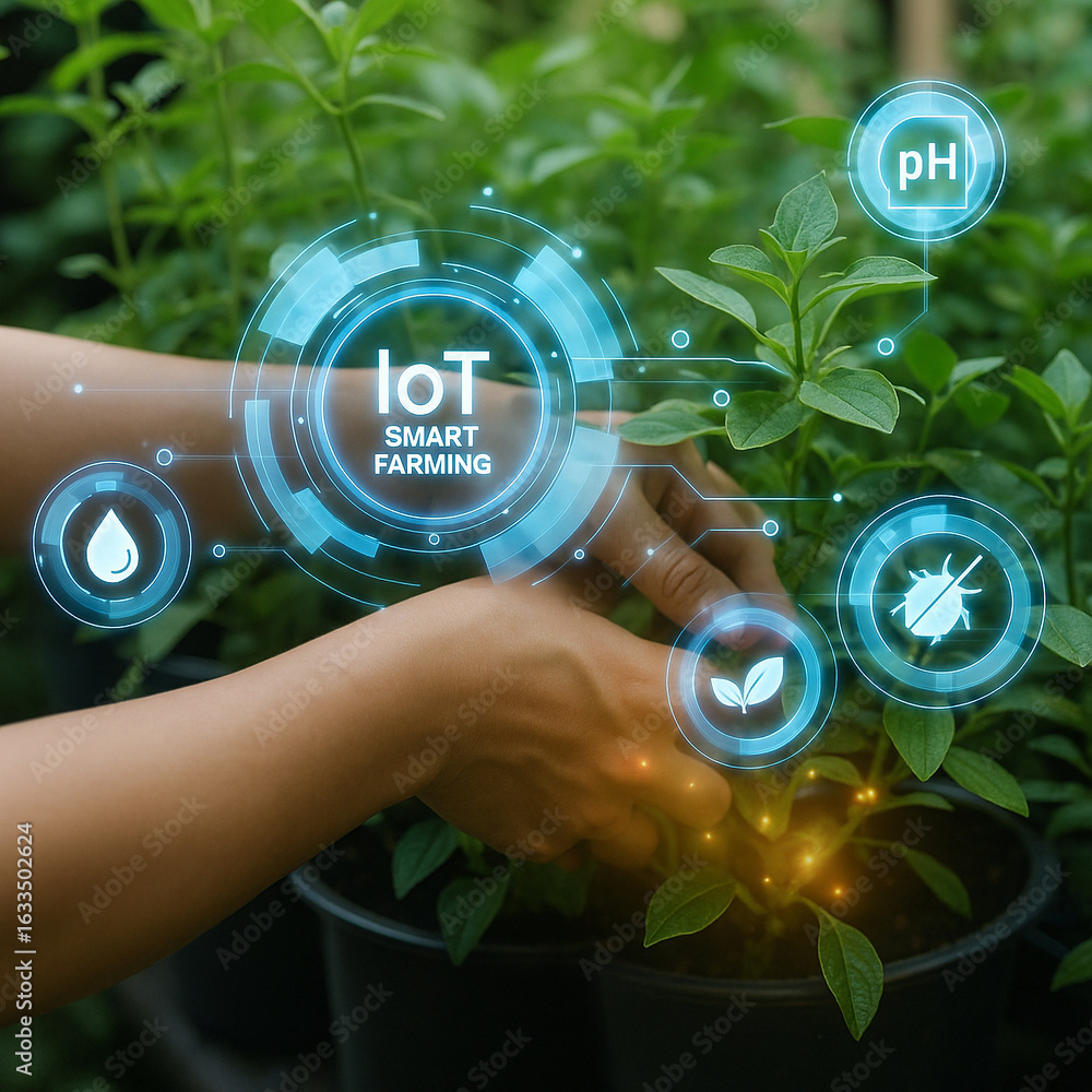 Poster ai generated hands tending green plants with glowing smart farming icons representing sensor data wa