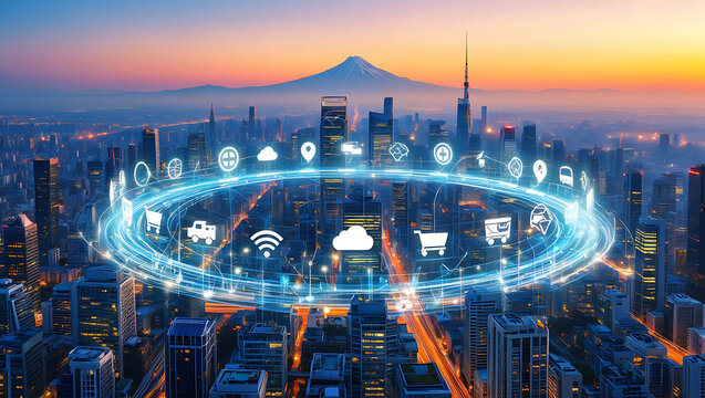 Futuristic city network glowing with digital icons and a distant mountain urban technology