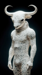 Surreal humanoid figure with bull head, covered in intricate patterns, exuding mystical aura. figure stands confidently against dark background, creating striking contrast