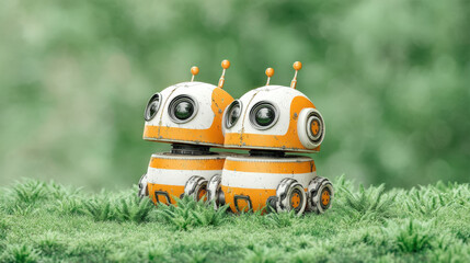 Cute robots with large eyes and antennas are standing together lush green background, showcasing playful and friendly design. Their vibrant orange and white colors contrast beautifully with