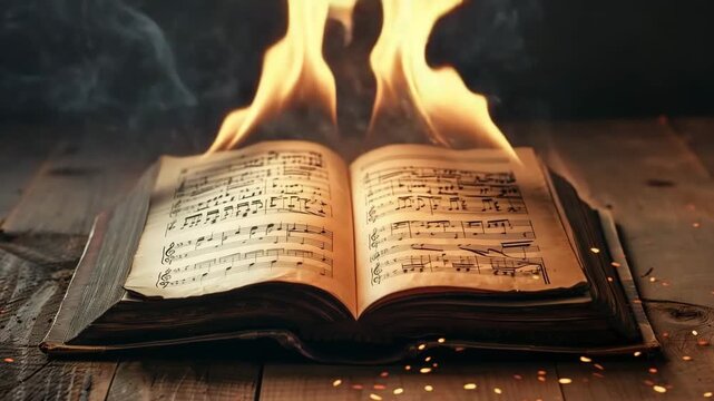 This captivating video features an open antique book engulfed by burning musical notes, symbolizing the profound power and passion that music holds in our lives. A visual representation of creativity.