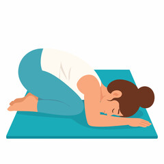 Woman practicing child's pose yoga on teal mat, serene expression, focused posture.