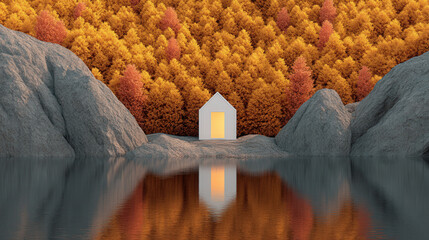 Serene landscape featuring small white house surrounded by vibrant autumn foliage and rocky formations, reflecting beautifully calm water. scene evokes sense of tranquility and harmony with nature
