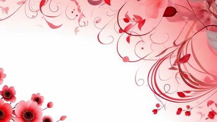 Watercolour transparent illustrative video, wild blooming floral pattern, delicate flowers, pink, red and light pink flowers, greeting card template on white background. 