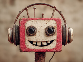 Cheerful robot with square head and large, round eyes is wearing headphones. Its face is painted bright colors, featuring big smile. background is blurred, emphasizing robot playful expression