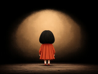 Young girl stands alone on wooden stage, facing warm spotlight. She wears bright red dress and has distinctive bob haircut. scene evokes sense of anticipation and curiosity