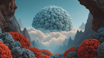 Surreal landscape featuring large, spherical formations shades of blue and orange, surrounded by rocky mountains and clouds. scene evokes sense of wonder and exploration fantastical environment