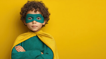 Young child dressed as superhero stands confidently against bright yellow background. child wears green mask and yellow cape, embodying playful and imaginative spirit