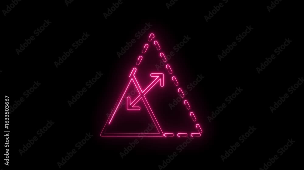 Poster glowing neon pink triangle icon with arrows and dashed line animation on black background futuristic