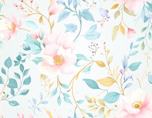 Delicate watercolor floral pattern in pastel hues with leaves and branches, creating a romantic and feminine ambiance.