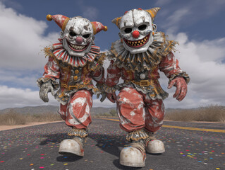 Creepy clowns walking together on deserted road, wearing tattered costumes and menacing smiles. scene evokes sense of unease and curiosity, set against cloudy sky
