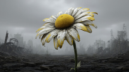 Large, vibrant daisy stands alone desolate, post apocalyptic landscape, surrounded by ruins and gray, overcast sky. flower bright yellow petals contrast sharply with bleak environment