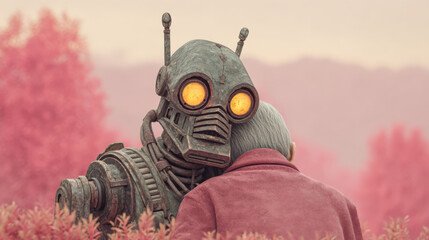 Robot with glowing orange eyes embraces elderly person in serene, pink hued landscape. scene evokes sense of warmth and companionship amidst futuristic setting
