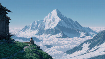 Serene landscape featuring person sitting on path overlooking majestic snow capped mountain surrounded by clouds. scene evokes sense of tranquility and wonder, highlighting beauty of nature